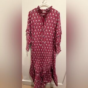 Printed Long-Sleeve Tunic Dress in Berry